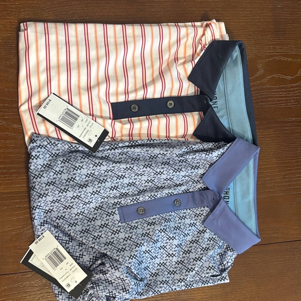Two Men’s Short-Sleeve Polo Tops - Navy/Light Blue & Coral/White Stripes